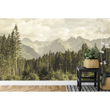 Een fotobehang met een adembenemend landschap van valleien en bossen, perfect voor een slaapkamer.