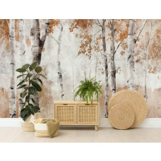 Een fotobehang met berkenbomen in waterverf, passend in een hal en woonkamer.