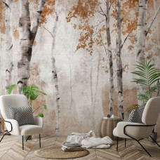 Een fotobehang met berkenbomen in waterverf, geschikt voor een huiskamer.
