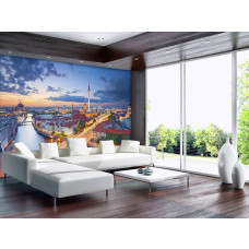 Een fotobehang van de stad Berlijn met iconische gebouwen en monumenten.