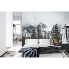 Een fotobehang met een serene weergave van besneeuwde bergen en natuur, perfect voor een slaapkamer.