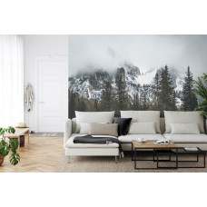 Een fotobehang met een sfeervolle natuuromgeving met besneeuwde bergen, ideaal voor een woonkamer.