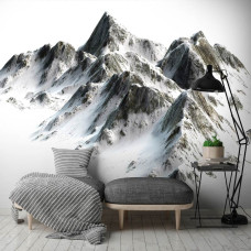 Een fotobehang met besneeuwde bergen, passend voor de huiskamer.