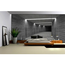 Fotobehang in de slaapkamer met een futuristische betonnen tunnel in 3D die visuele diepte creëert en een strakke sfeer toevoegt.