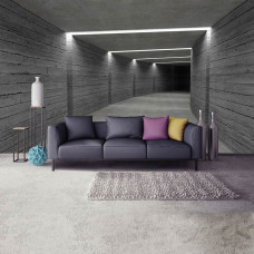 Fotobehang in de woonkamer met een 3D-weergave van een betonnen tunnel die diepte en een futuristisch accent aan het interieur geeft.
