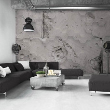 Een fotobehang met betonnen zeshoeken voor een industriėle uitstraling in de huiskamer.