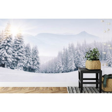 Een fotobehang met een prachtig besneeuwd boslandschap en bergen op de achtergrond, ideaal voor een woonkamer.