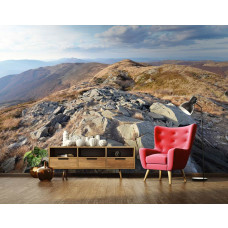 Een fotobehang met het berglandschap van de Bieszczady Mountains, geschikt voor de huiskamer.