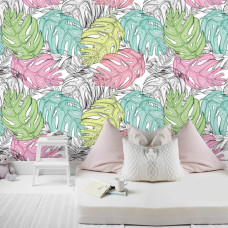 Een fotobehang van bladeren in pastelkleur voor de slaapkamer.