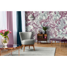 Een fotobehang met roze en groene bladeren in schilderij-stijl te zien in de huiskamer.