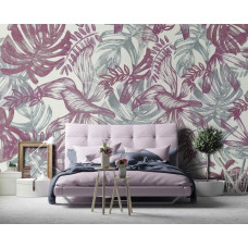 Een fotobehang met roze en groene bladeren in schilderij-stijl te zien in de slaapkamer.
