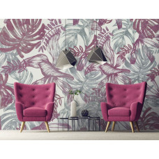 Een fotobehang met roze en groene bladeren in schilderij-stijl te zien in de woonkamer.
