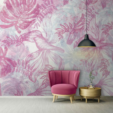 Een schilderij-stijl fotobehang met roze en witte bladeren te zien in de huiskamer.