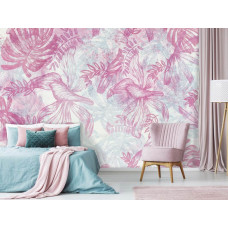 Een schilderij-stijl fotobehang met roze en witte bladeren, geschikt voor de slaapkamer.