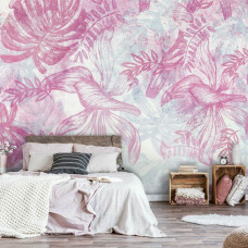 Een schilderij-stijl fotobehang met roze en witte bladeren te zien in de woonkamer en slaapkamer.