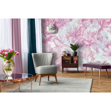 Een schilderij-stijl fotobehang met roze en witte bladeren te zien in de woonkamer.