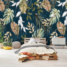 Een fotobehang met exotische bladeren uit de jungle, speciaal voor een slaapkamer.