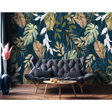 Een fotobehang met junglebladeren en tropische details, perfect voor een woonkamer.