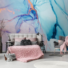 Een fotobehang van abstract blauw marmer in kunststijl te zien in de slaapkamer.