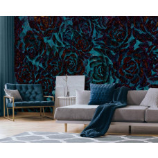 Een schilderachtig fotobehang van blauwe bloemen en rozen te zien in de huiskamer.