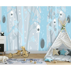 Een kinderbehang met blauwe bomen in het bos voor de babykamer en kinderkamer.