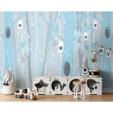 Een kinderbehang met blauwe bomen in het bos voor de babykamer en speelkamer.