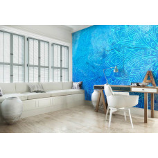 Een fotobehang met een blauw mandala-patroon voor in een kantoor.