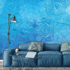 Een abstract fotobehang met blauwe mandala-patronen voor slaapkamer en woonkamer.