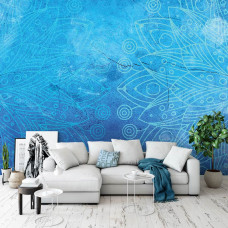 Een abstract kunstfotobehang met blauwe mandala voor de woonkamer.