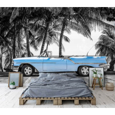 Fotobehang van een blauwe oude auto met palmbomen en de zee in Cuba, geschikt voor de slaapkamer.
