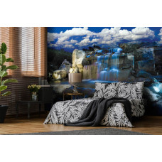 Een fotobehang van een blauwe waterval in een natuurlijke omgeving te zien in de slaapkamer.