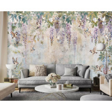 Een fotobehang met blauweregen en vogels in een kunstzinnig romantisch ontwerp, ideaal voor een woonkamer.
