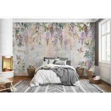 Een fotobehang met blauweregen en vogels in een kunstzinnig ontwerp, passend in een slaapkamer.