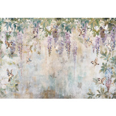 Fotobehang van blauweregen en vogels, met een kunstzinnig bloemenontwerp.