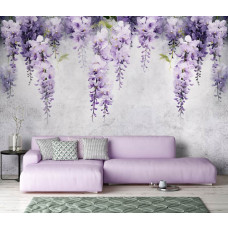 Een fotobehang van blauweregen op beton met bloemen en klimop in de huiskamer.