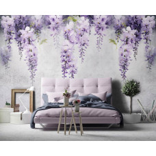 Een fotobehang van blauweregen op beton met bloemen en klimop in de slaapkamer.