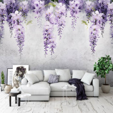 Een fotobehang van blauweregen op beton met bloemen en klimop in de woonkamer.