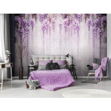 Een fotobehang van blauweregen op een betonnen muur met bloemen en klimop in de woonkamer en slaapkamer.