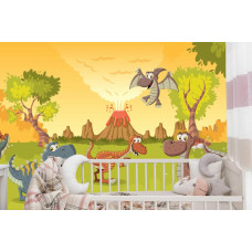 Een fotobehang met kleurrijke dinosaurussen bij een vulkaan, weergegeven in een babykamer.