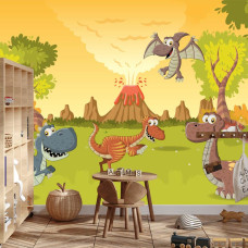 Een fotobehang met dinosaurussen in een levendig vulkanisch decor, afgebeeld in een jongenskamer.