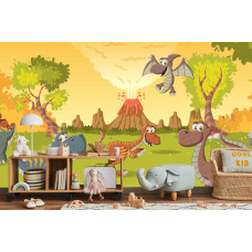 Een fotobehang met vrolijke dinosaurussen voor een vulkaan, afgebeeld in een kinderkamer.