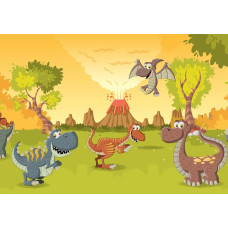 Blije dinosaurussen staan voor een vulkaan, terwijl de prehistorische omgeving in dit fotobehang tot leven komt.