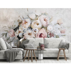 Een fotobehang met een bloemenboeket op beton, passend in een huiskamer.