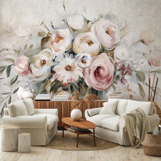 Een fotobehang met een bloemenboeket van rozen op beton, perfect voor een woonkamer.