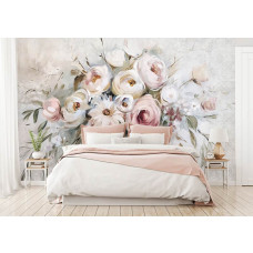 Een fotobehang met een bloemenboeket op een betonnen achtergrond, ideaal voor een slaapkamer.