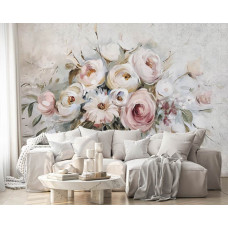 Een fotobehang met een bloemenboeket op beton, geschikt voor een woonkamer.