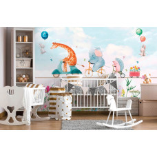 Een vrolijk fotobehang met bloemen, giraffen, olifanten en egels in zachte kleuren voor een babykamer.