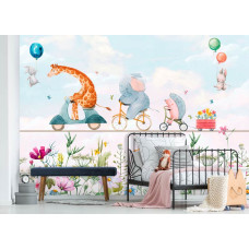 Een kinderbehang met een speelse mix van dieren en bloemen in vrolijke kleuren.