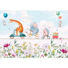 Kinderbehang met dieren zoals giraffes, olifanten en egels, gecombineerd met bloemen.