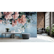 Een fotobehang van bloemen en blaadjes in oud-roze op beton in een kantoor.